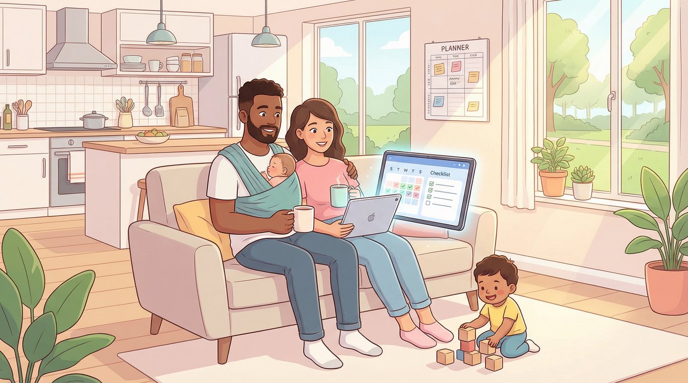 Photo de profil de la famille Durand, parents avec un bébé, souriants