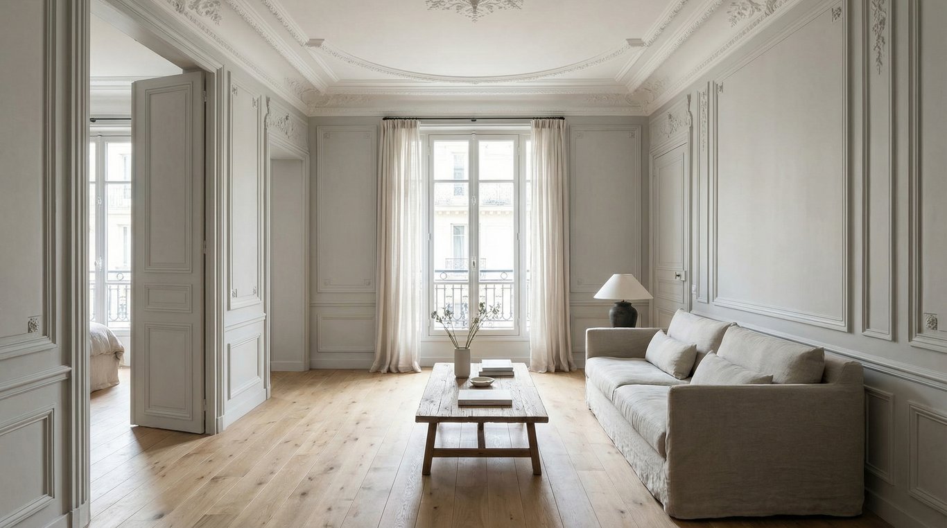 Appartement haussmannien rénové avec parquet clair, moulures restaurées et mobilier minimaliste naturel