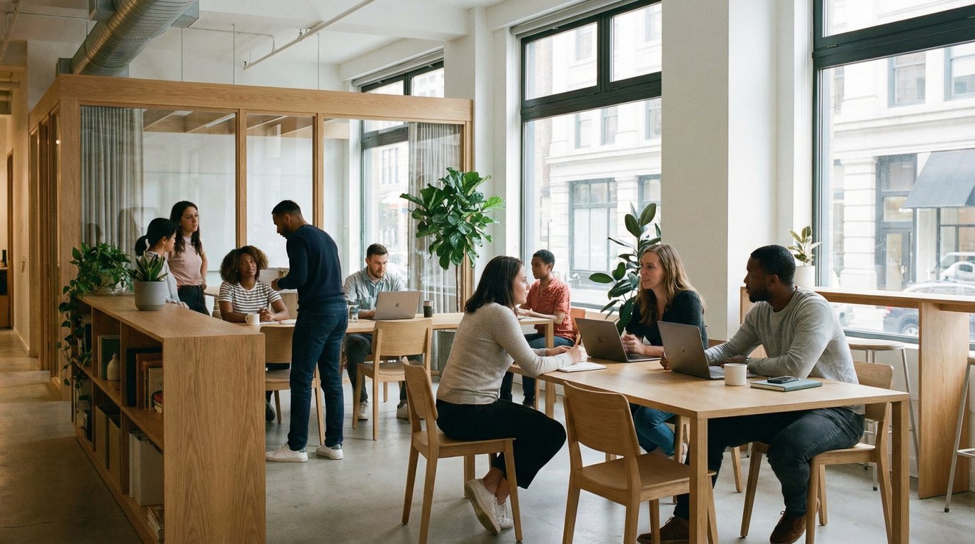 Équipe d'architectes dans l'atelier avec des échantillons de matériaux écologiques