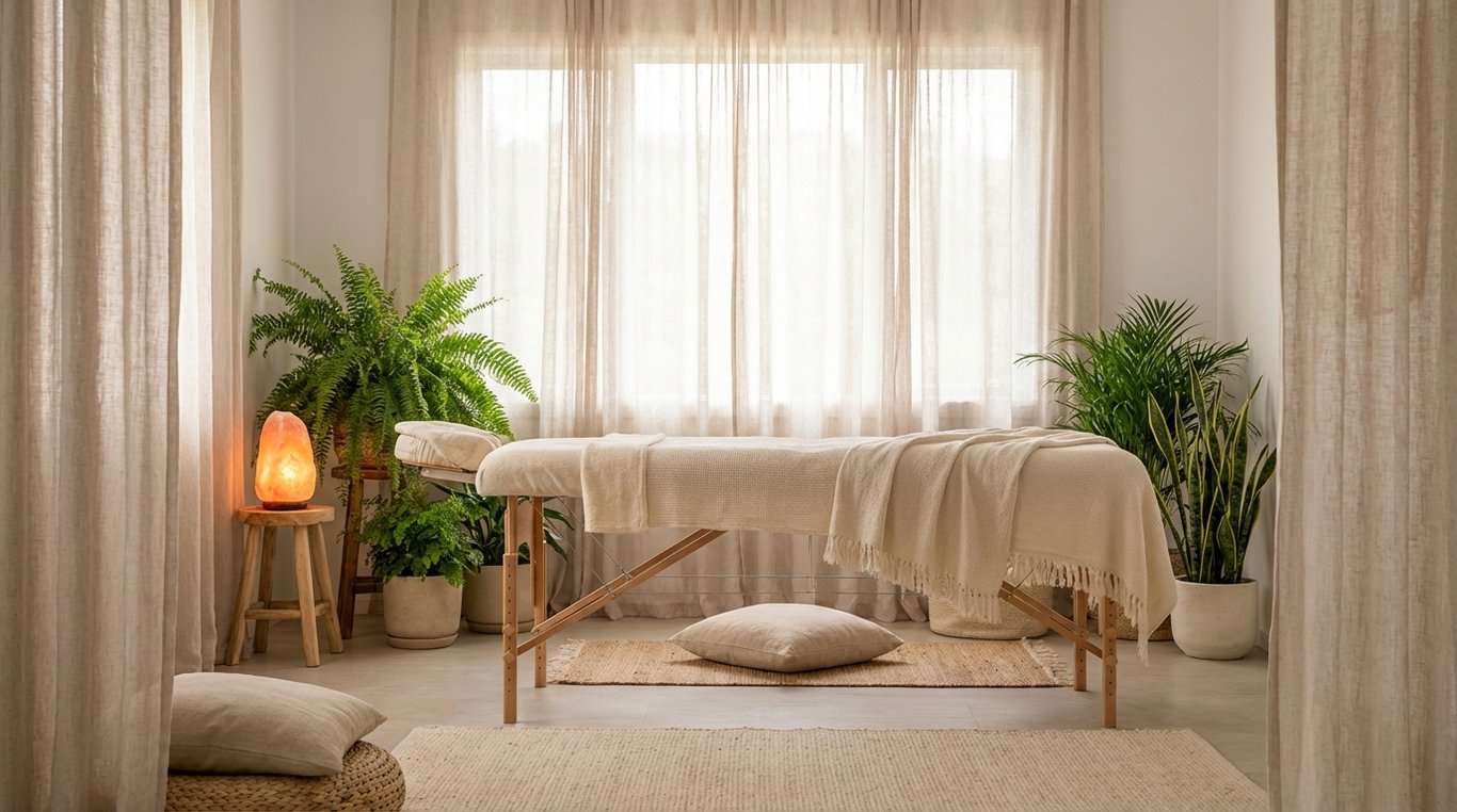 Lumière douce matinale filtrant à travers des rideaux en lin dans une pièce de méditation paisible
