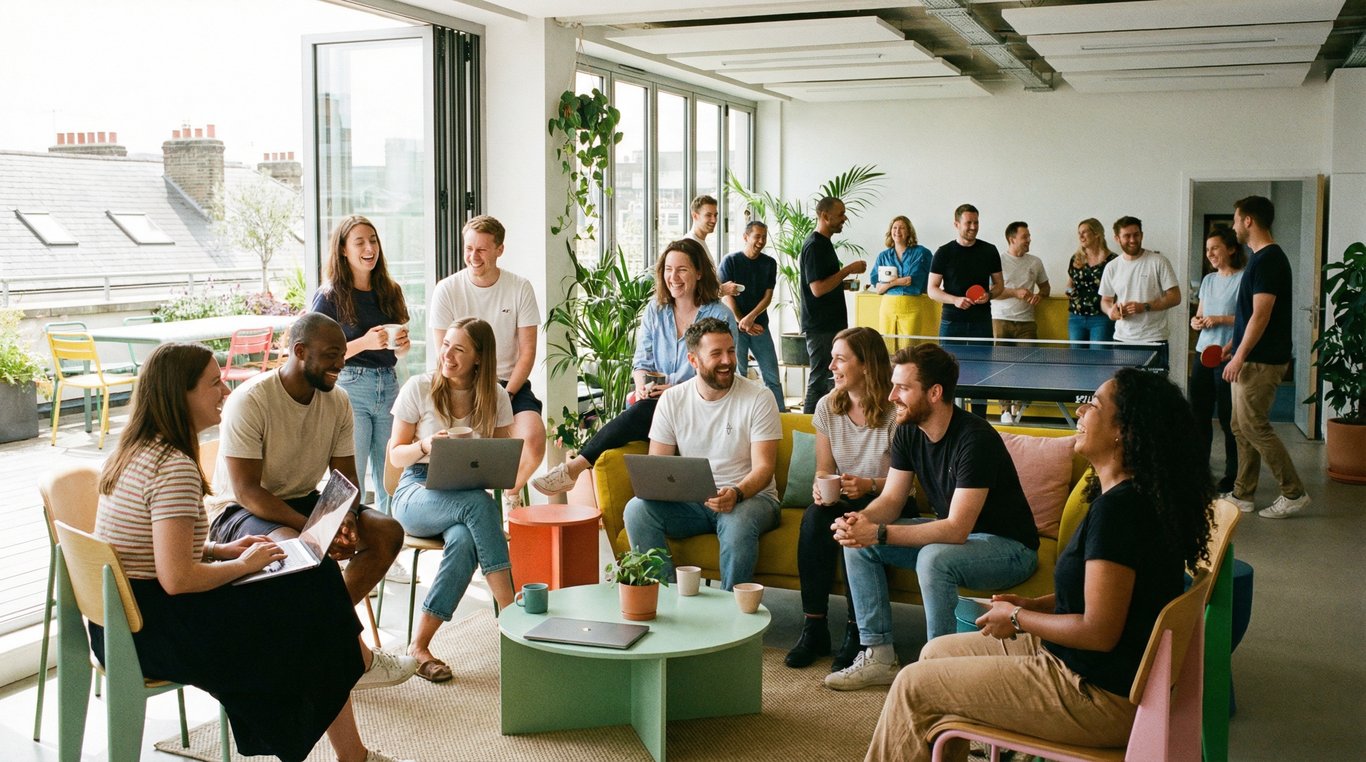 Portrait d'équipe corporate souriant dans un bureau open-space moderne avec des plantes vertes
