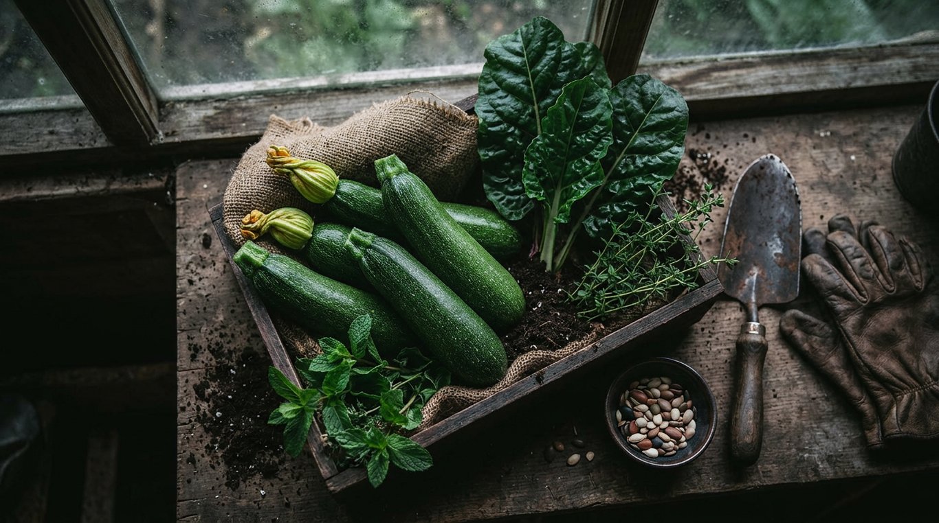 Courgettes aux formes harmonieuses, image inspirée d'une variété ancienne et productive pour l'été.