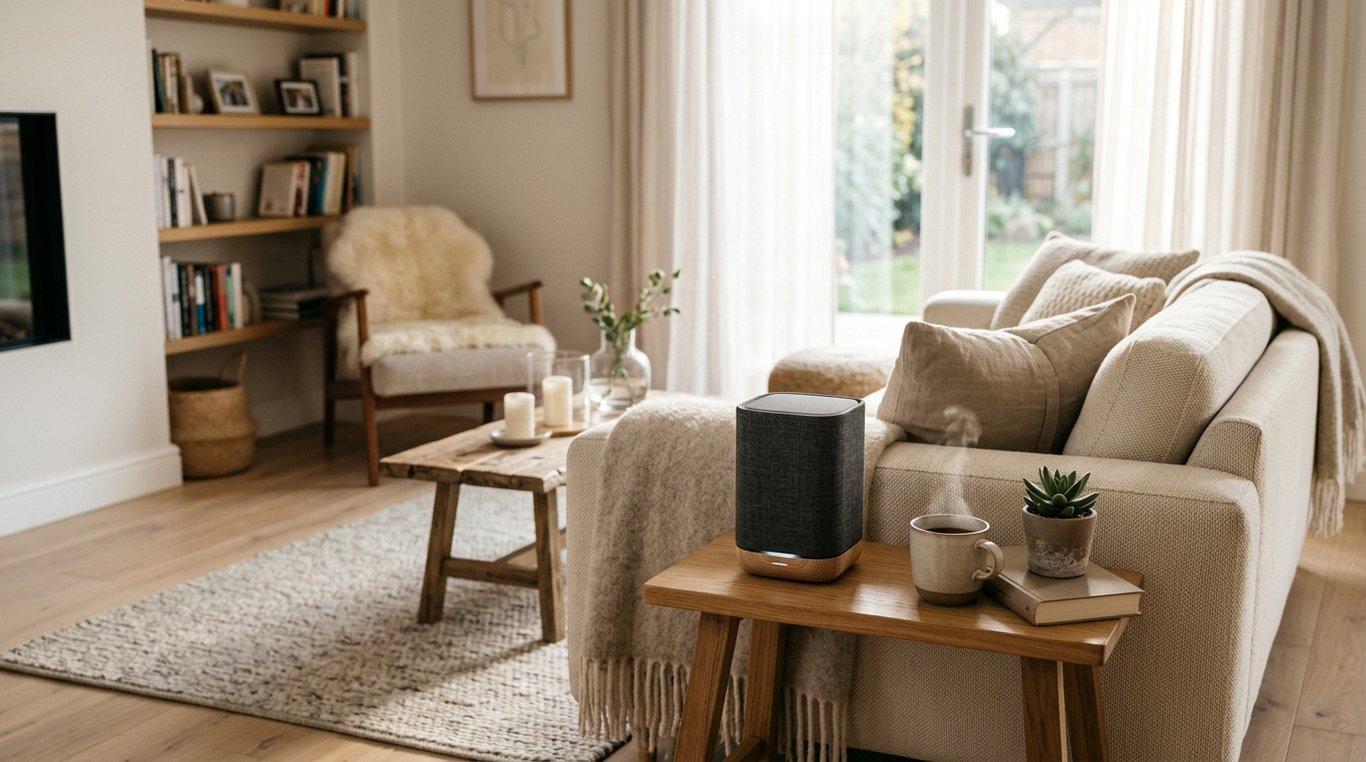 Salon cosy avec un panneau mural en bois rainuré qui apporte confort acoustique et chaleur décorative.