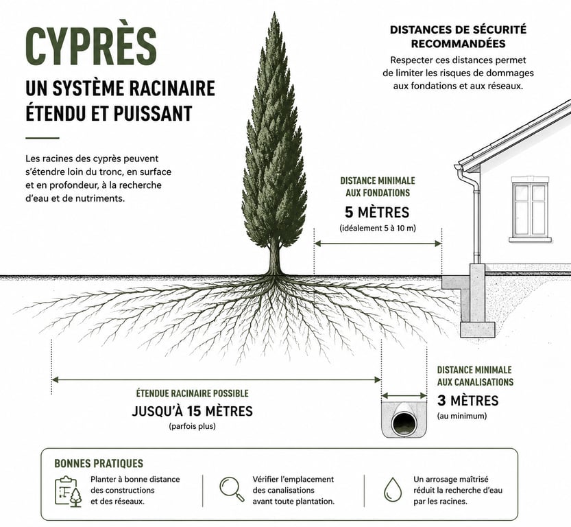 Infographie des risques racinaires et distances de plantation pour haie de cyprès