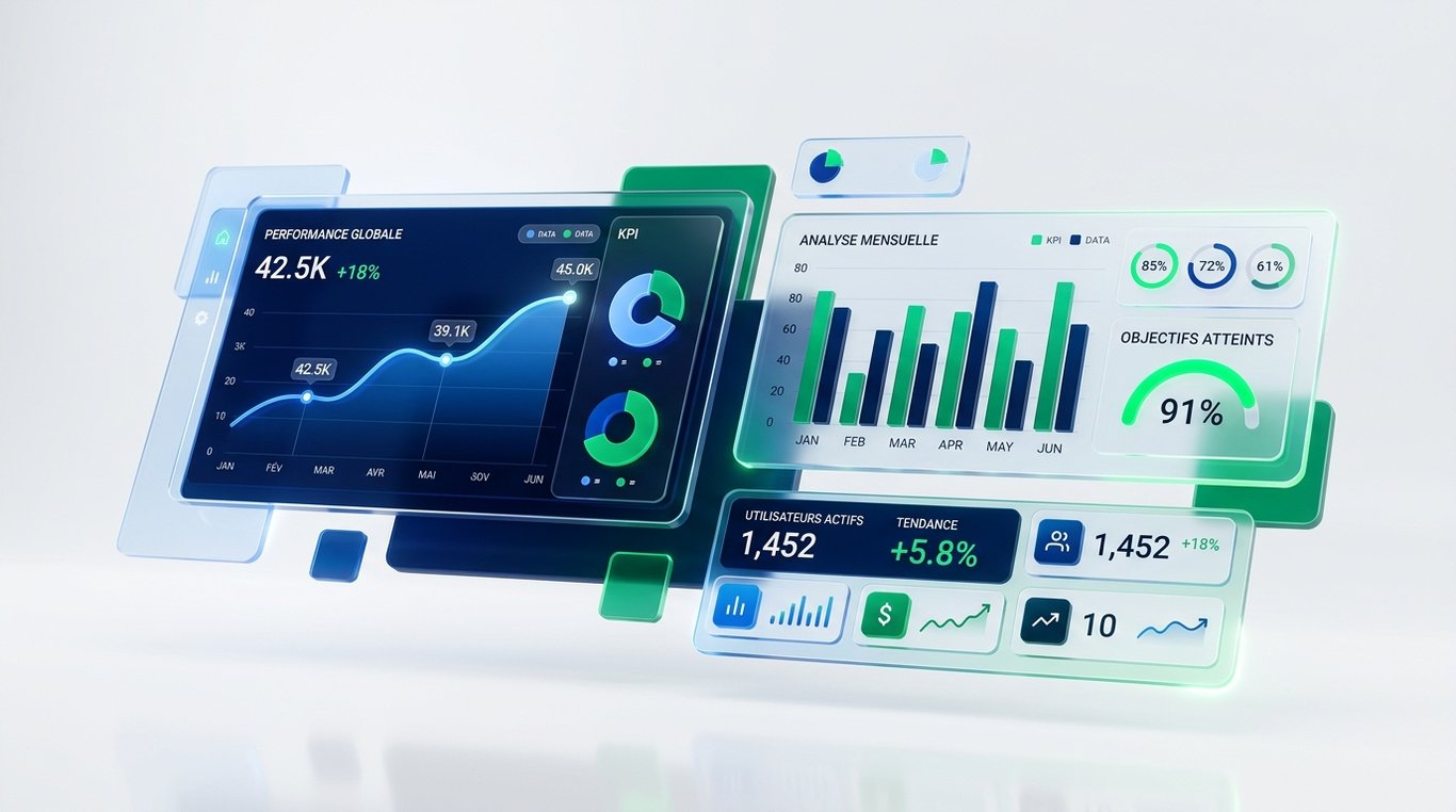 Tableau de bord numérique flottant avec graphiques lumineux