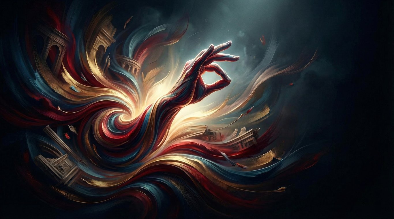 Un bureau de designer ultra-minimaliste avec des plans graphiques abstraits étalés sur une table noire, éclairage zénithal doux