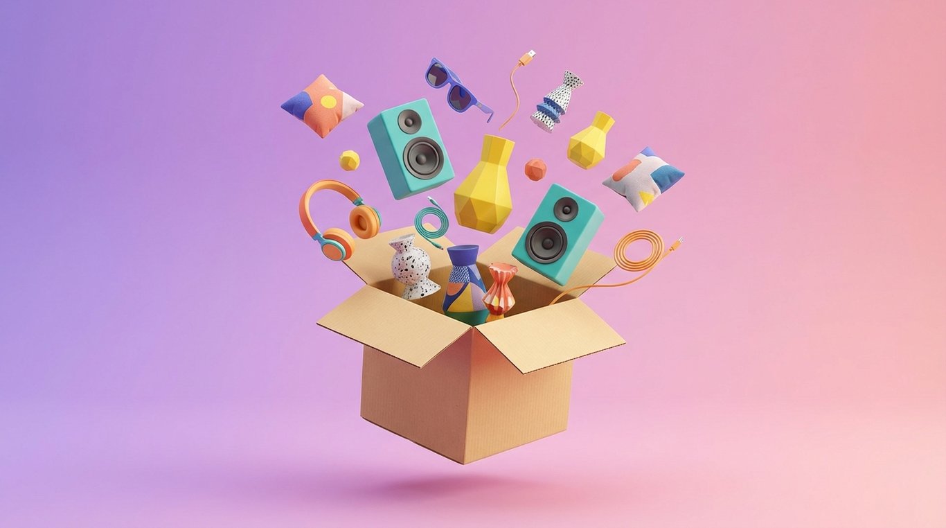 Trend Box ouverte avec des objets design colorés flottant dans les airs