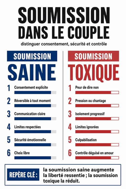 Infographie comparant la soumission saine et la soumission toxique dans le couple pour comprendre les enjeux de la soumission femme.