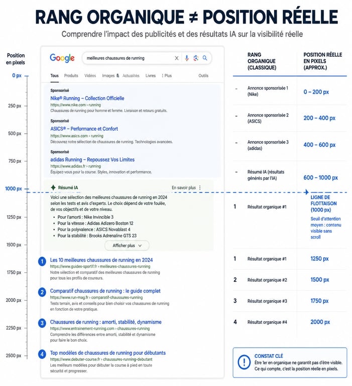 Schéma explicatif de la position pixel en SEO et de la visibilité réelle sur Google