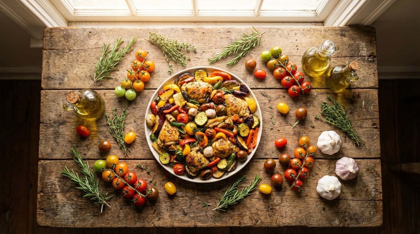 Table rustique avec un plat familial généreux et coloré