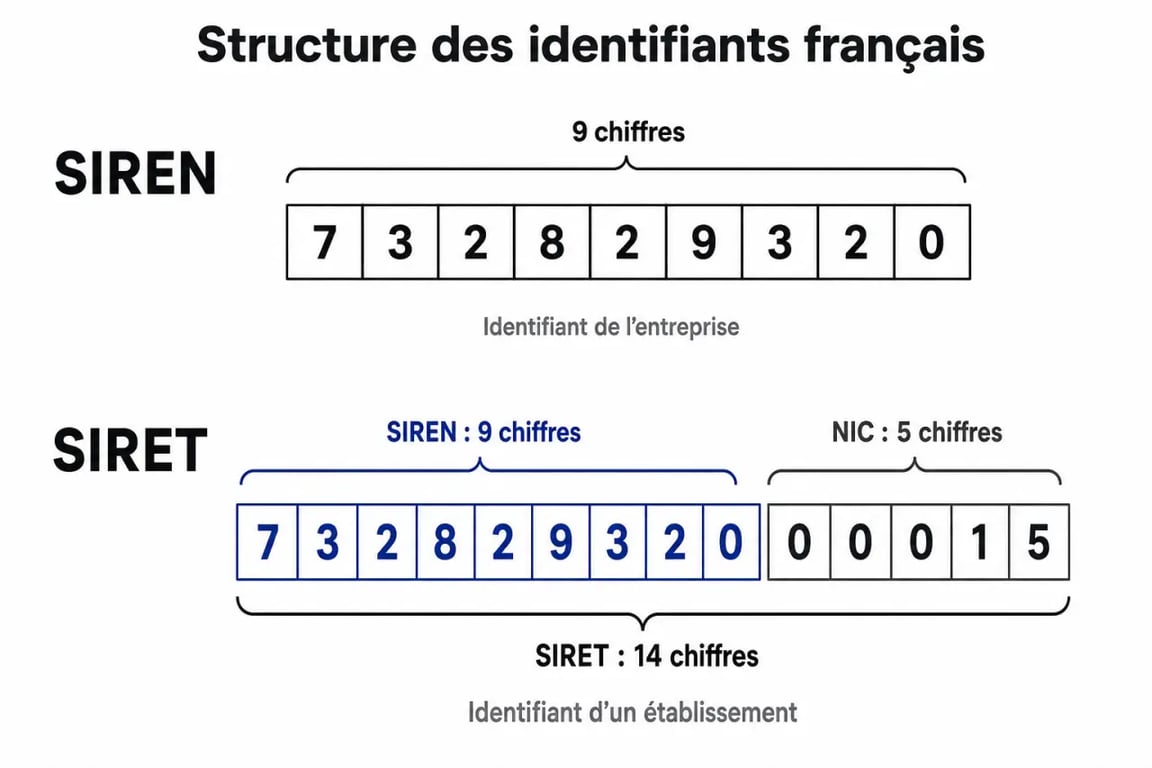 Infographie comparative de la structure des numéros SIREN et SIRET pour les entreprises