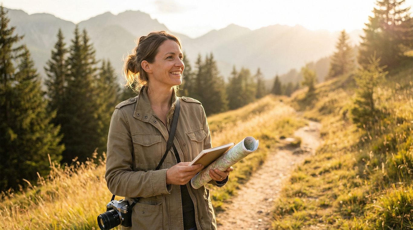 Portrait de Léa Moreau, cheveux longs bruns, lunettes, souriante, en extérieur