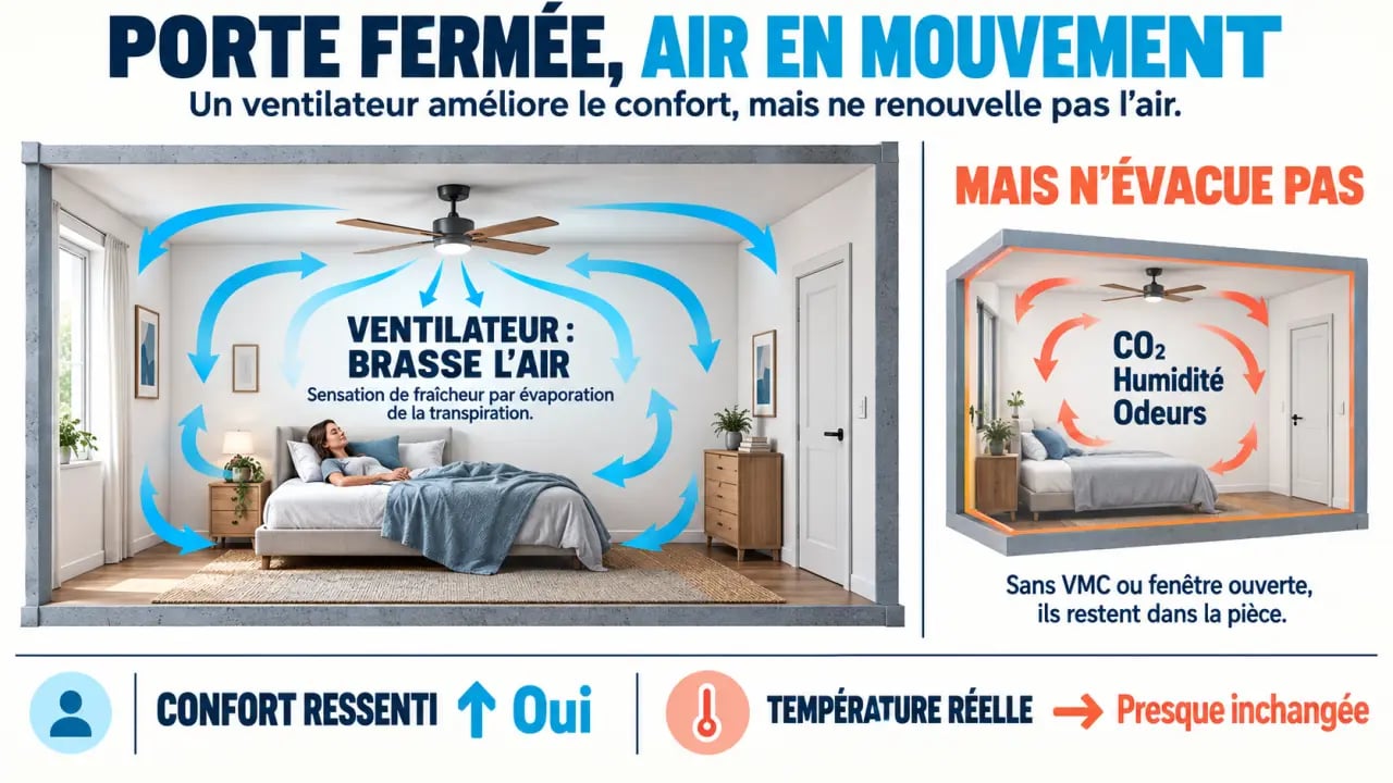 Schéma de l'utilisation d'un ventilateur de plafond porte fermée : brassage de l'air, confort ressenti et absence de renouvellement
