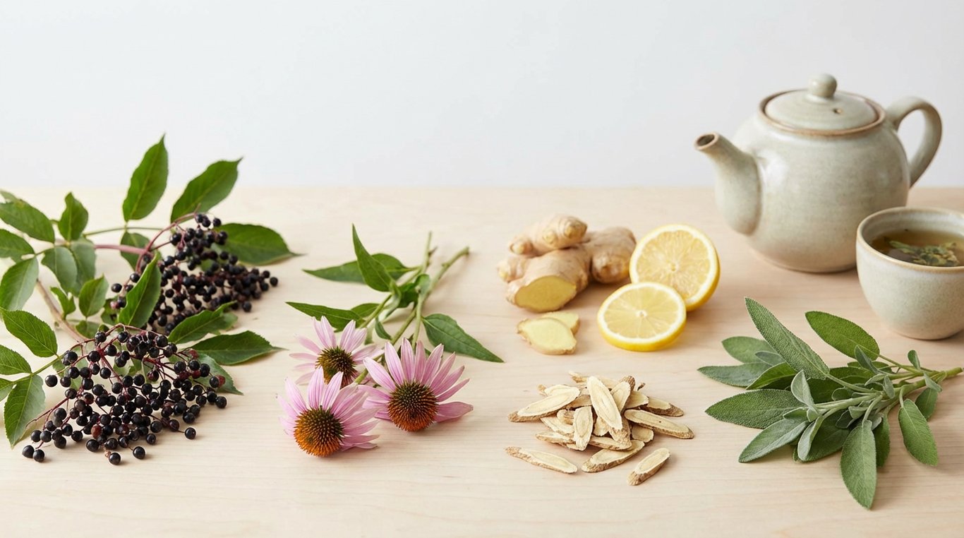 Fleurs d'échinacée et baies de sureau sur table en bois