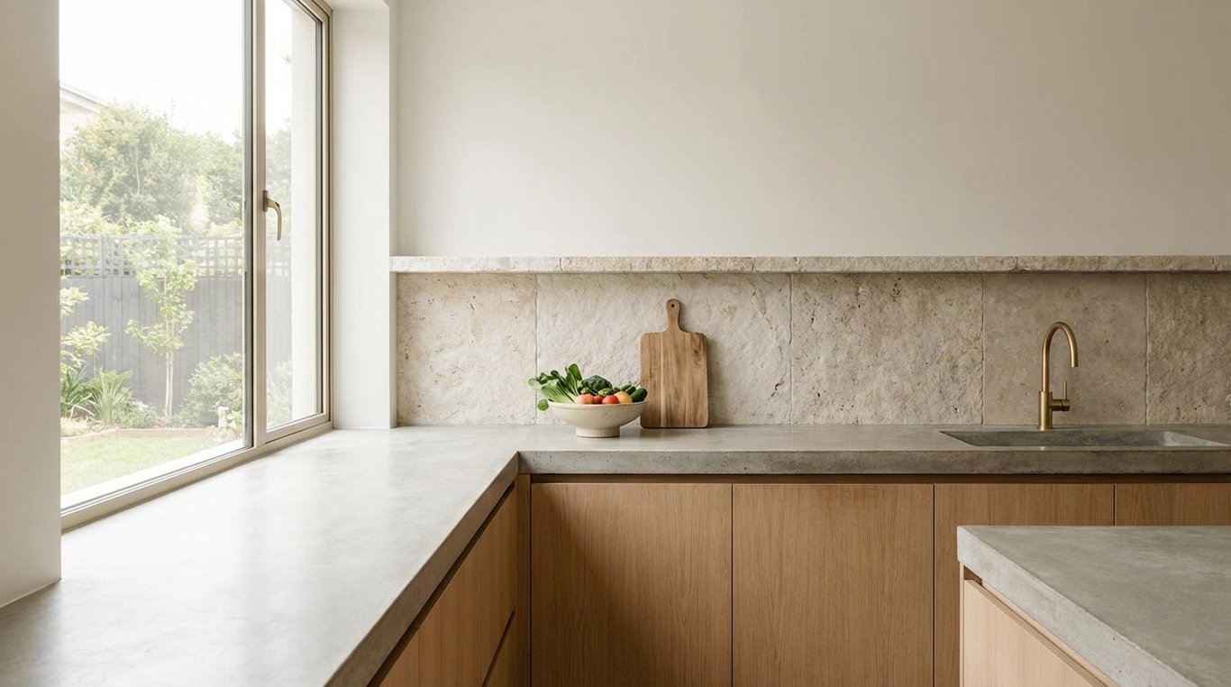 Cuisine moderne mêlant bois noyer foncé et comptoirs en marbre blanc, éclairage cinématique