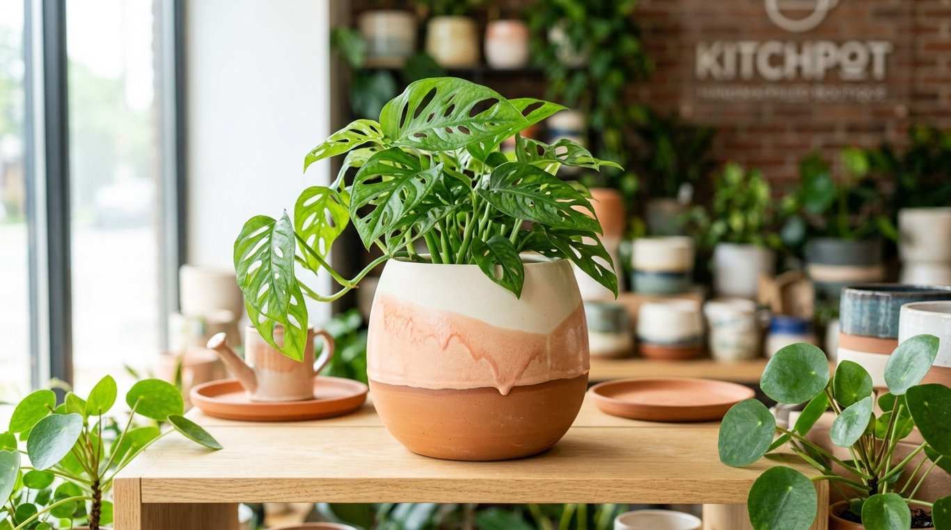 Pot Corail Crémeux KitchPot avec une plante verte