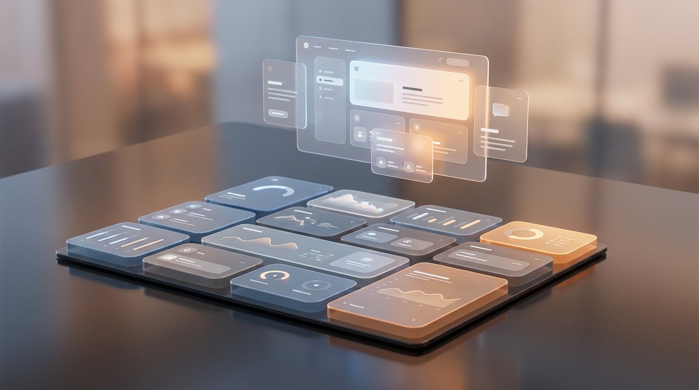 Gros plan artistique sur une grille de modules d'interface utilisateur séparés, cartes avec données financières riches sur fond sombre