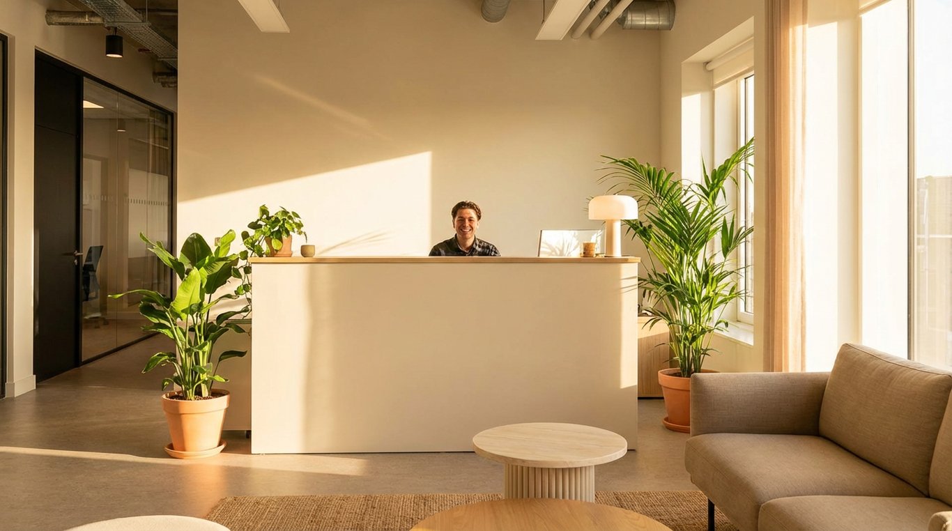 Un espace d'accueil de bureau moderne et épuré avec un logo Via Mobilité au mur, des plantes vertes et une ambiance accueillante.