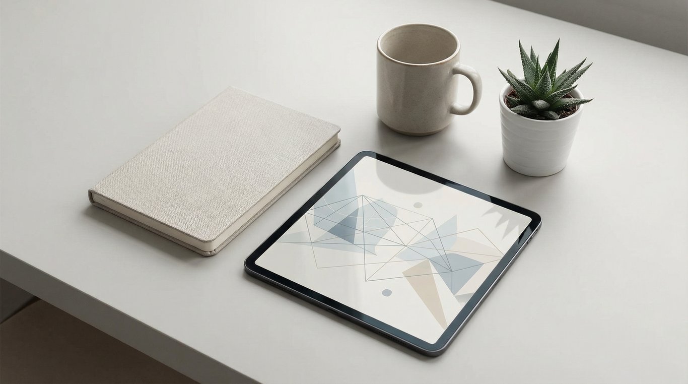 Gros plan abstrait sur des documents graphiques et une tablette numérique affichant des données analytiques, style bento grid UI, propre et organisé