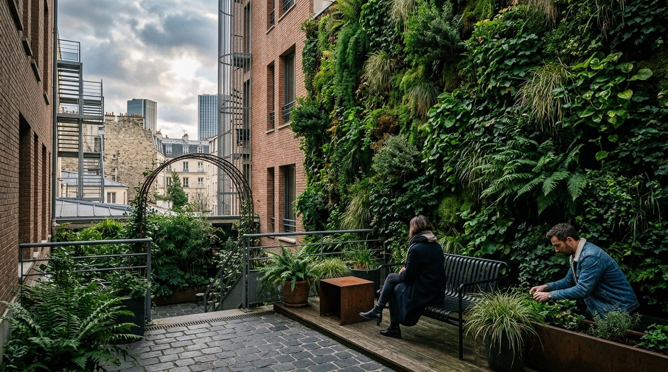 Avant-après : cour urbaine transformée en oasis de verdure avec mur végétal luxuriant et éclairage encastré doux.