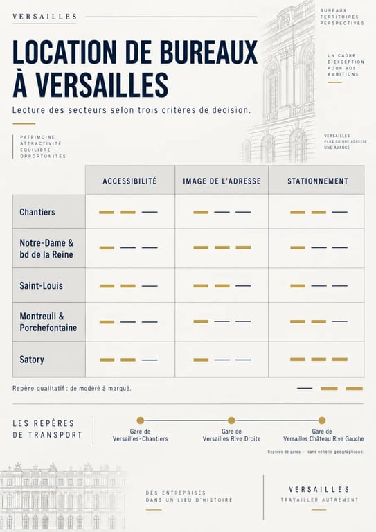 Location bureaux Versailles : secteurs, gares et critères pour choisir un quartier
