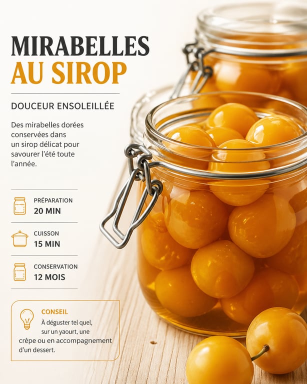 Bocaux de mirabelles au sirop sans stérilisation, conserves maison prêtes pour l'hiver