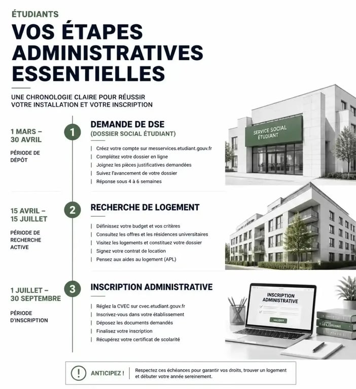 Infographie des étapes administratives de la vie estudiantine