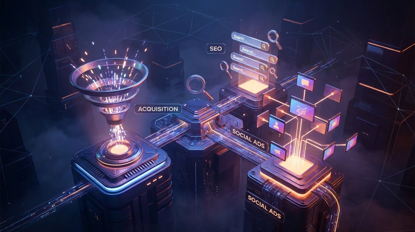 Une série d'icônes 3D en lévitation représentant des graphiques de croissance, des cibles et des symboles de réseaux sociaux, éclairés par des lumières néon sur fond sombre.