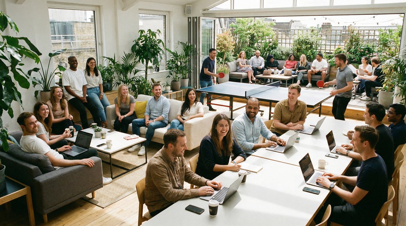 Portrait chaleureux d'un artisan dans un atelier lumineux, tablier en cuir, souriant devant une structure en cours de montage