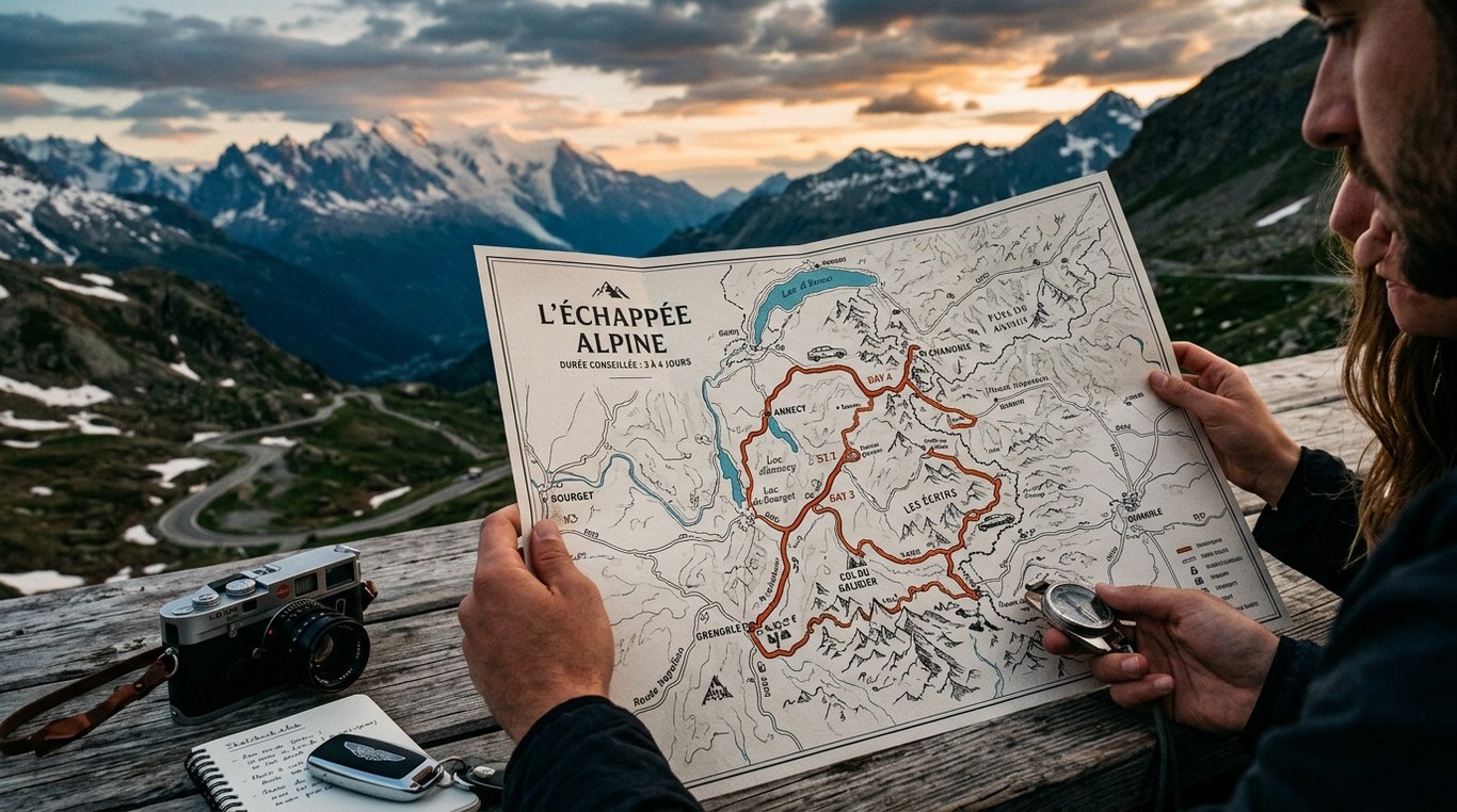 Carte stylisée de L’Échappée Alpine avec passages collinaires et cols