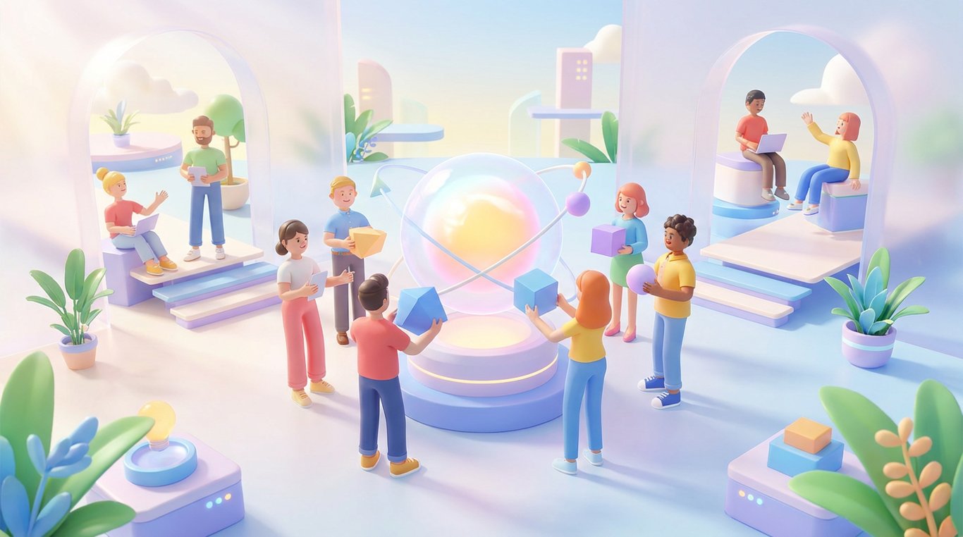 Une équipe diverse de professionnels travaillant ensemble autour d'une table tactile futuriste dans un bureau open-space vitré