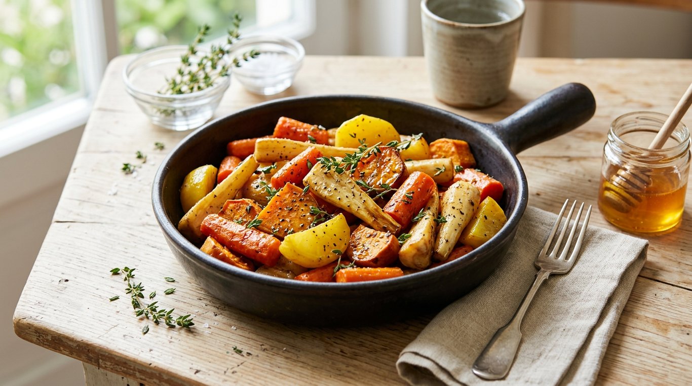 Poêlée de légumes racines caramélisés au miel et thym