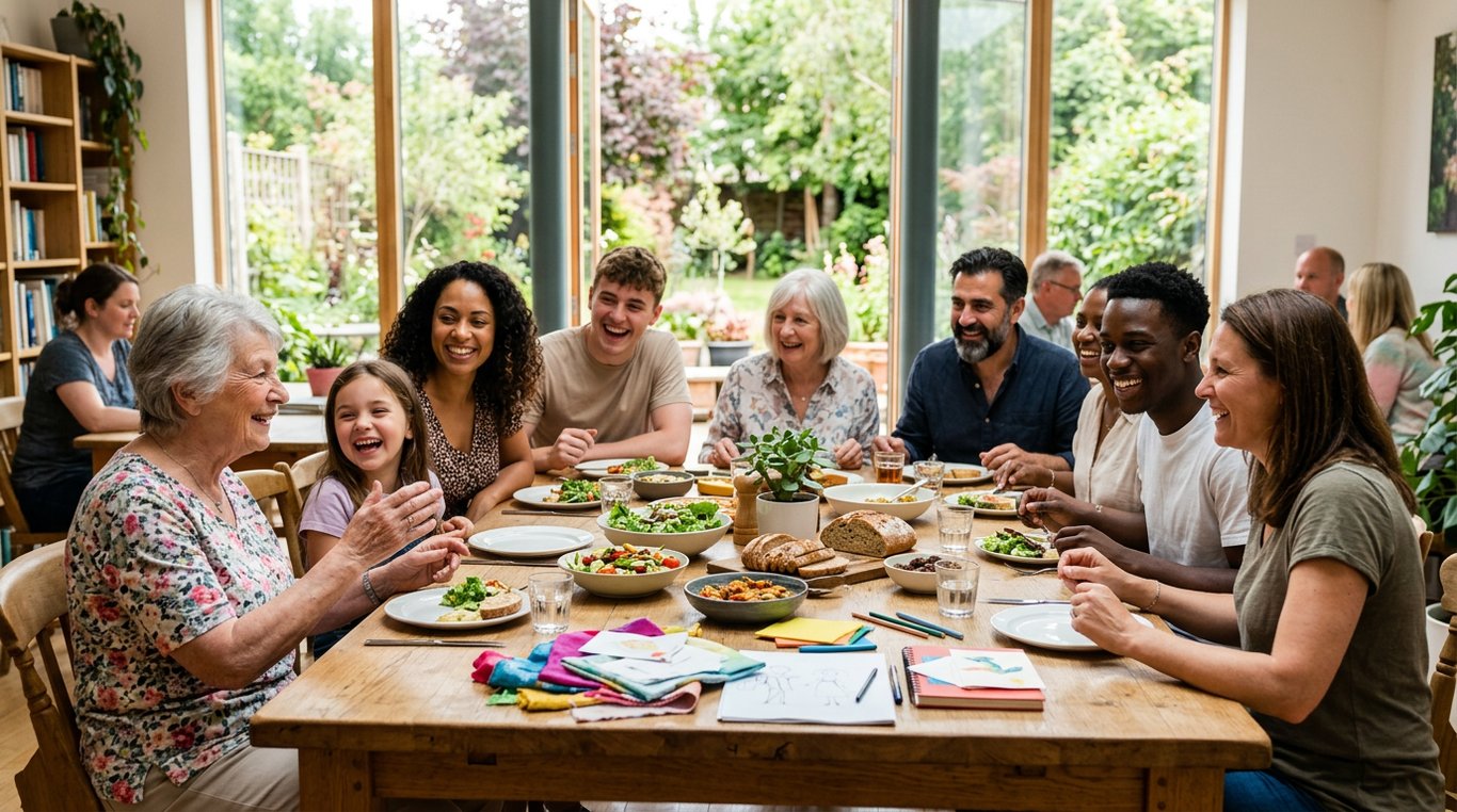 Groupe diversifié de personnes souriantes autour d'une grande table en bois baignée de lumière naturelle