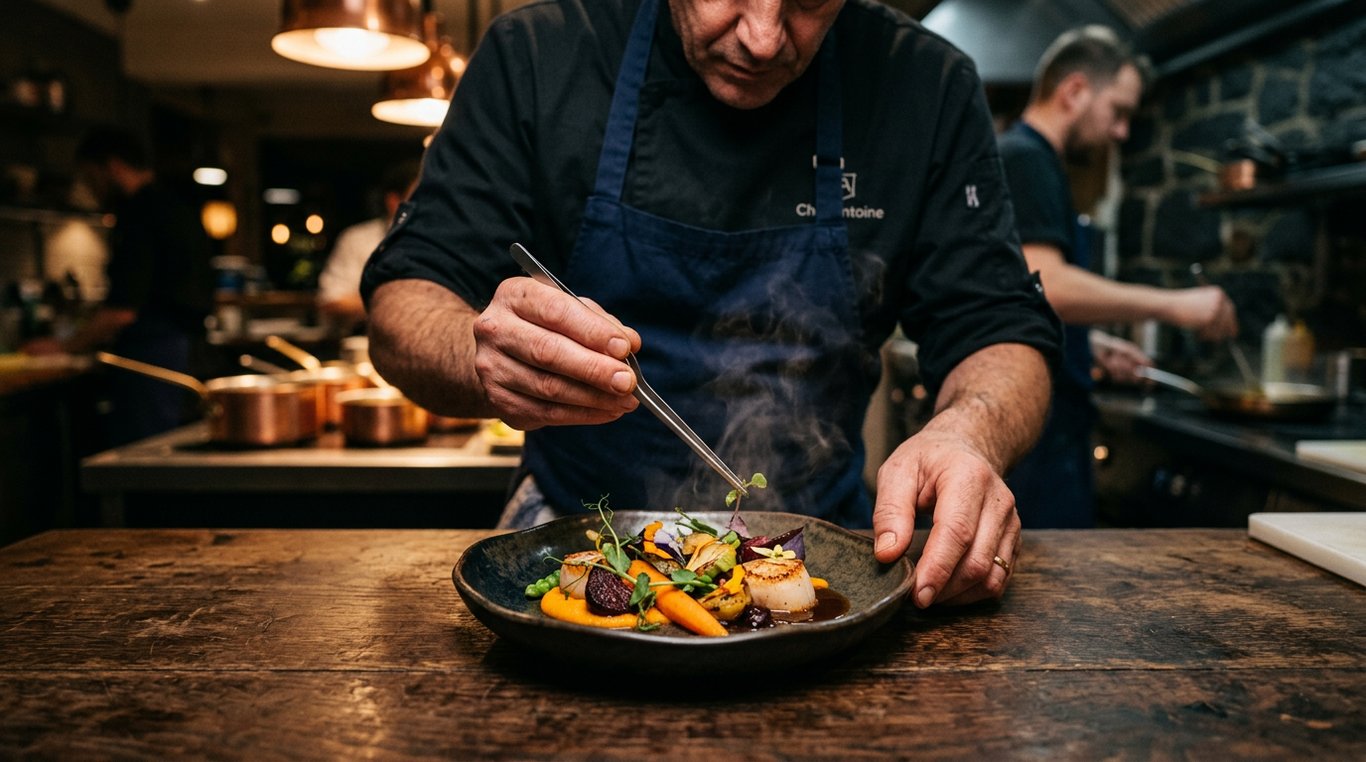 Mains d'un chef dressant un plat gastronomique