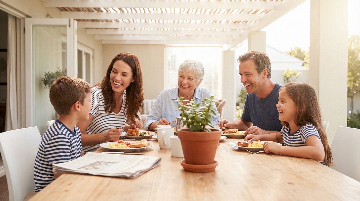 Une tasse de thé fumante posée sur une table en bois rustique à côté d'un carnet ouvert et de quelques crayons de couleur éparpillés.