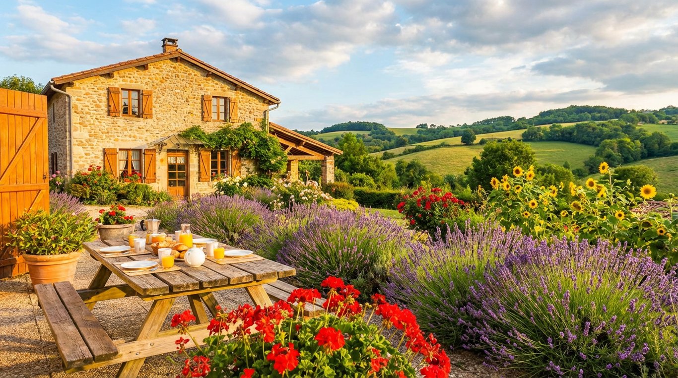 Maison en pierre avec jardin fleuri et mobilier extérieur