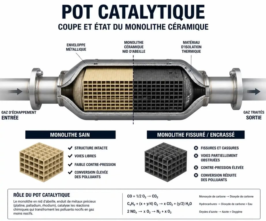 Schéma d'un catalyseur HS montrant le monolithe encrassé responsable des symptômes