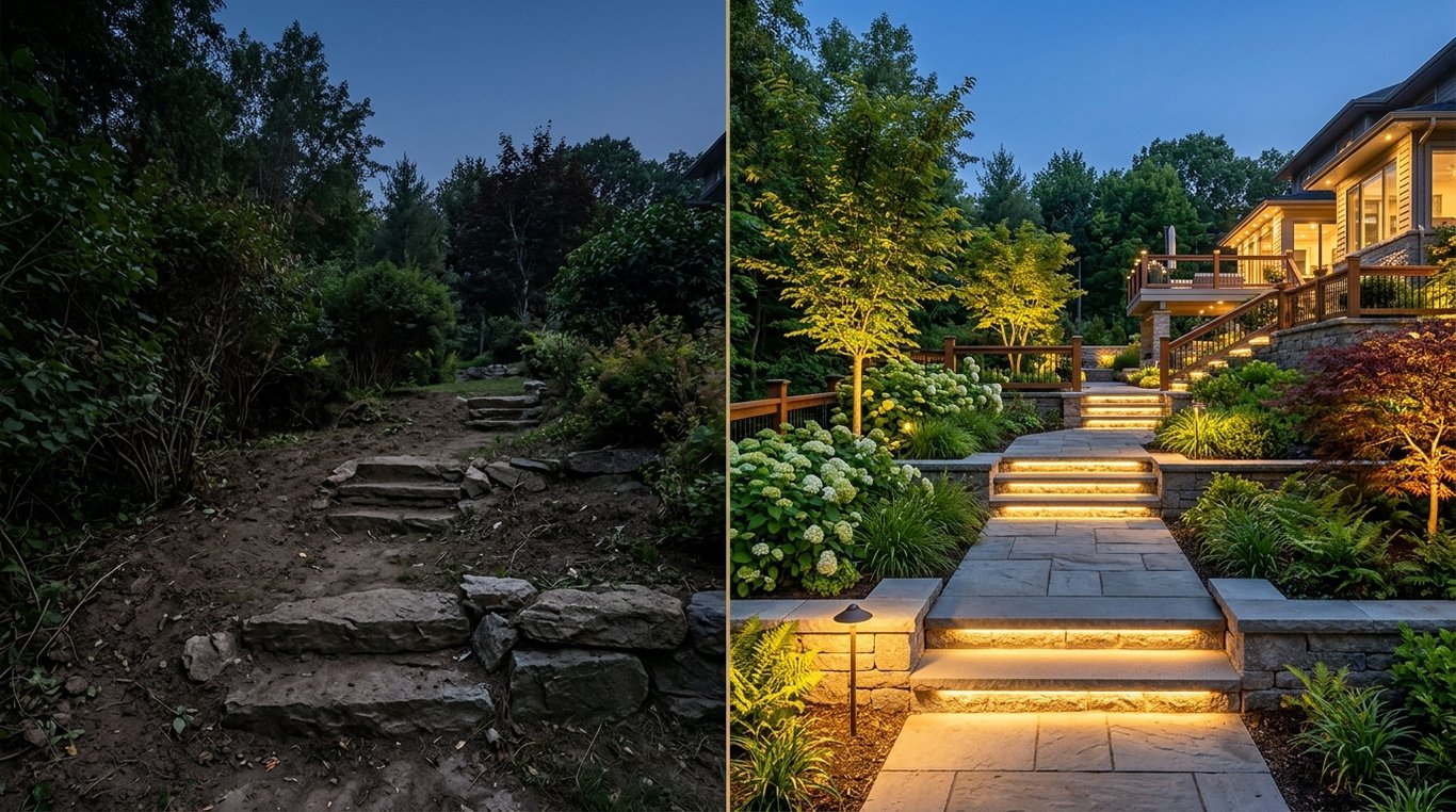 Vue d’une terrasse contemporaine avec pergola en bois et massifs de graminées