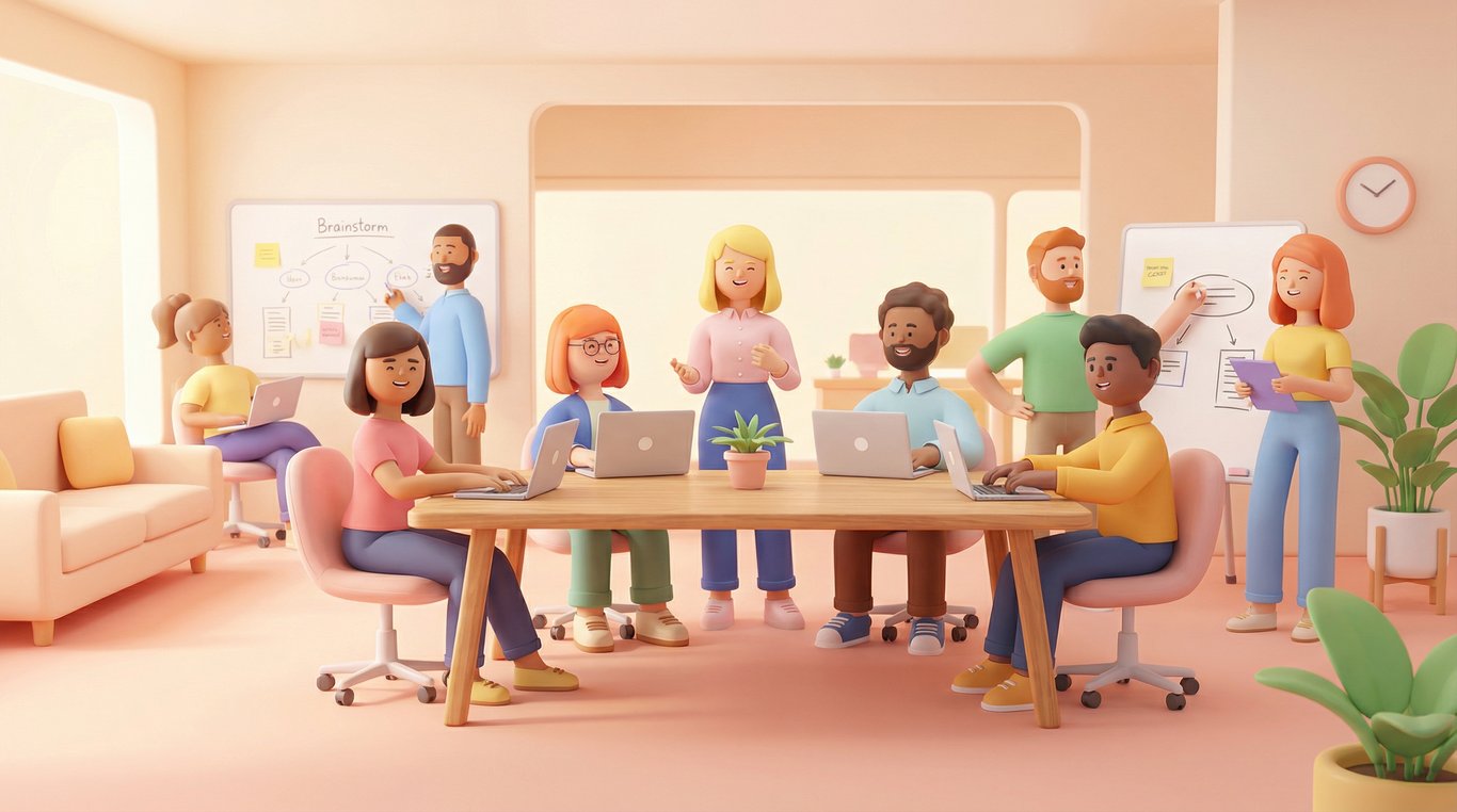 Portrait corporate moderne d'une équipe diverse dans un bureau open-space lumineux avec des plans d'architecte sur une table