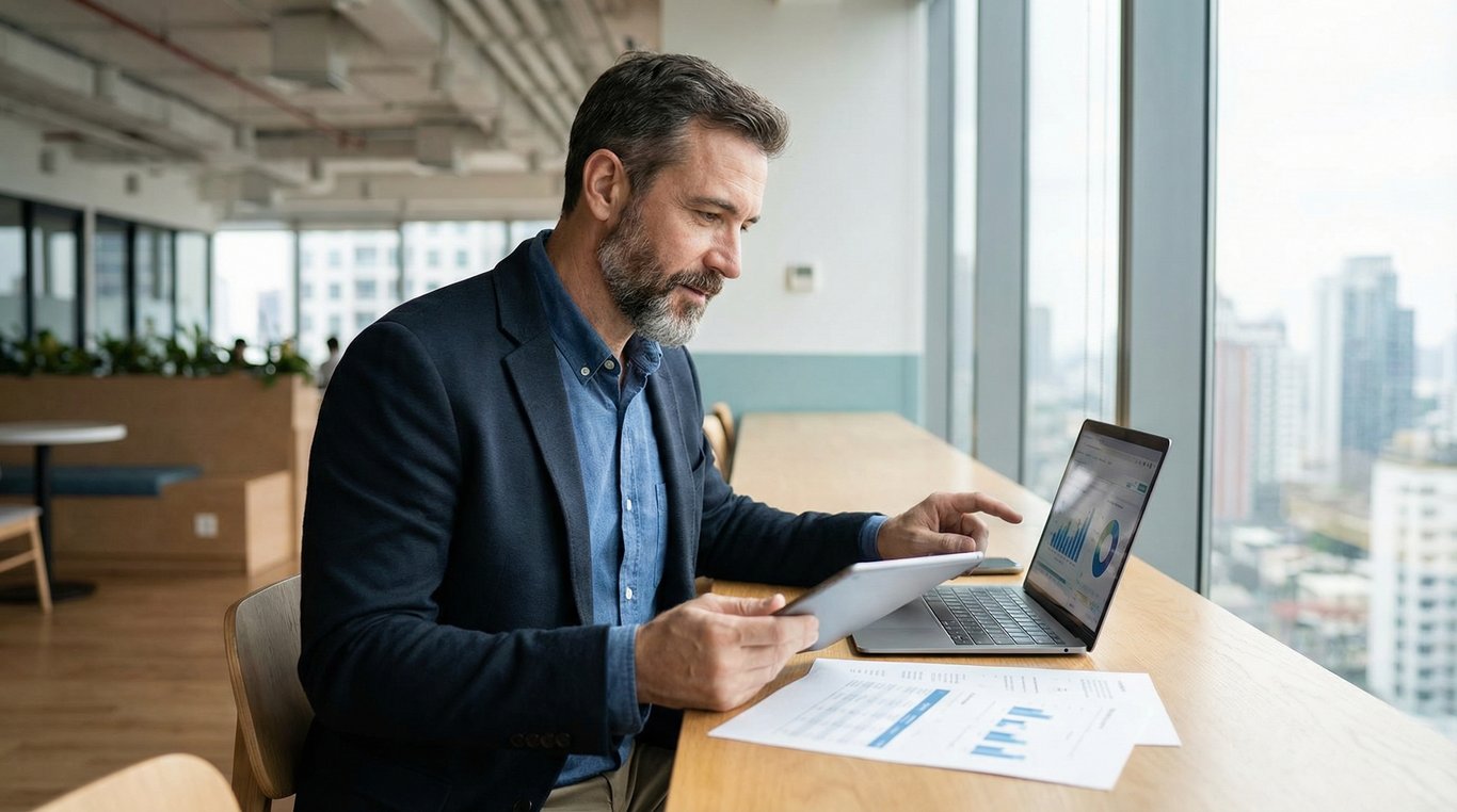 Portrait de Julien Morel, analyste stratégique, en noir et blanc, style corporate sérieux