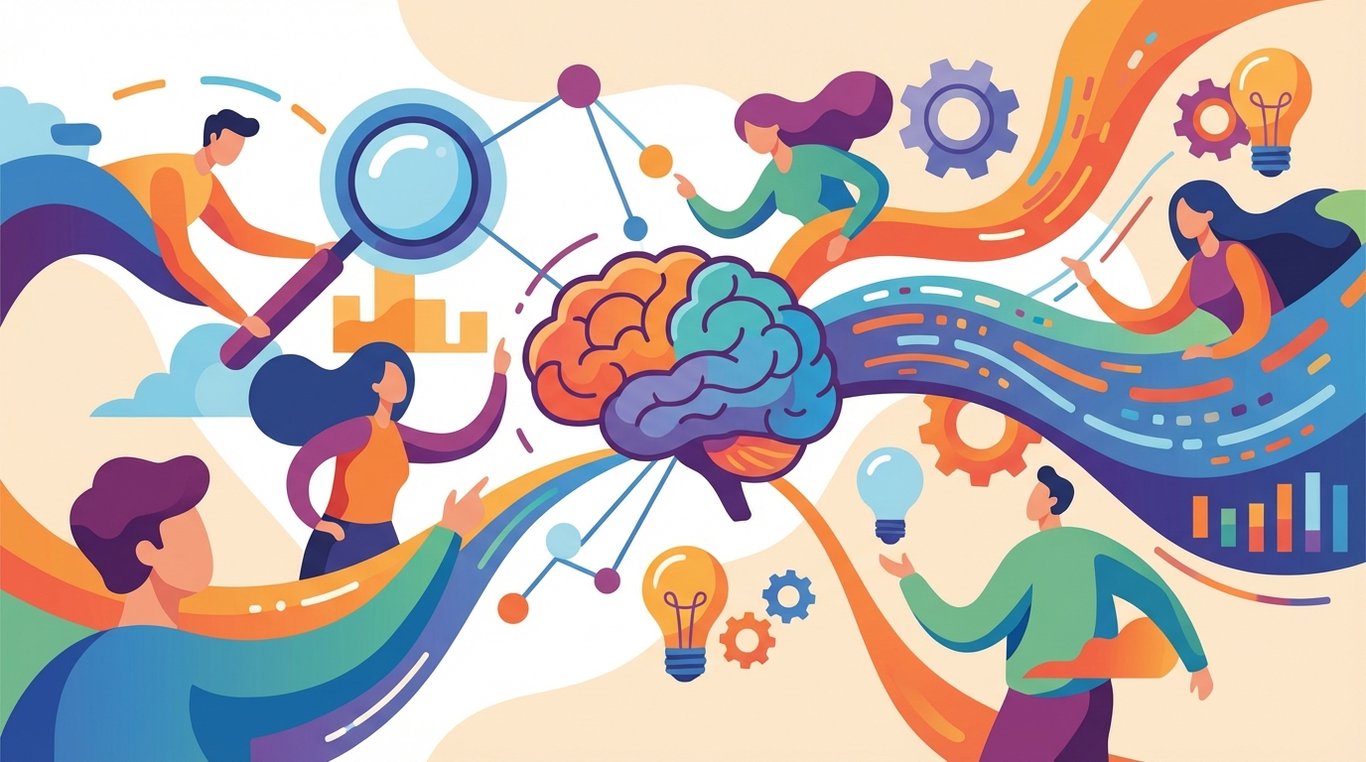 Illustration abstraite représentant une loupe stylisée sur des motifs textiles colorés, style vectoriel pop art