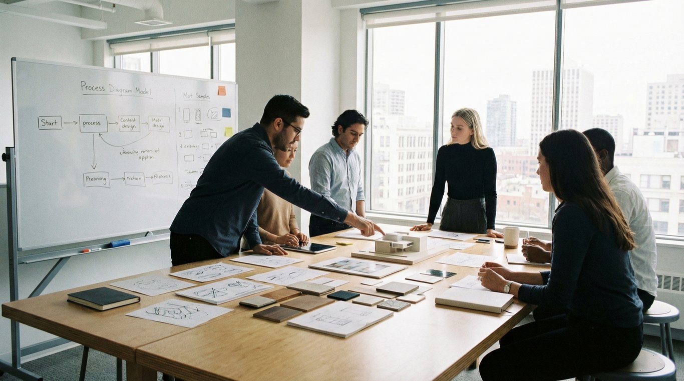 Un tableau blanc moderne avec des schémas stratégiques dessinés proprement, illustrant notre méthodologie