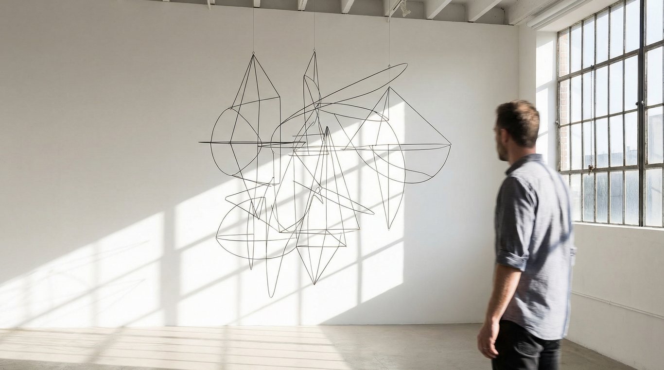 Portrait en noir et blanc de Julien Morel avec des sculptures filaires en arrière-plan