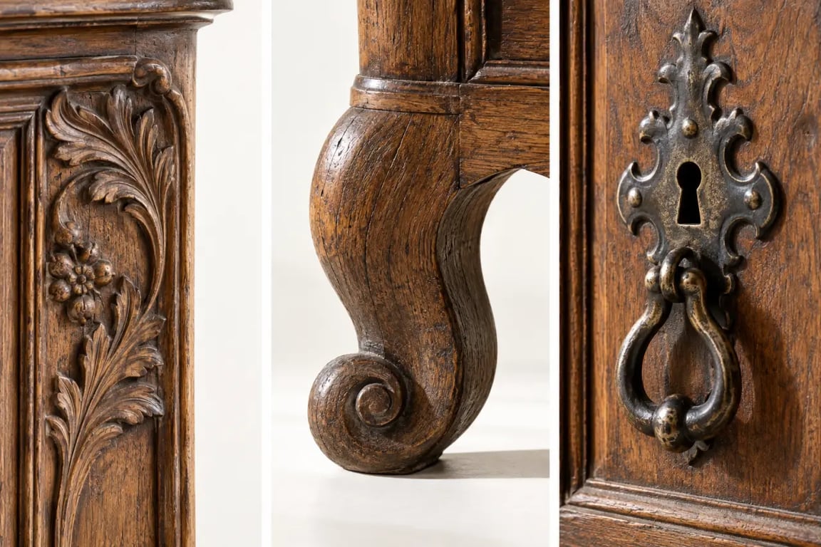 Détails sculptés et ferrures d’un meuble provencale authentique