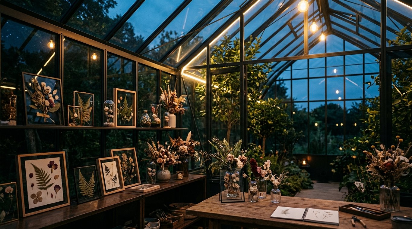 Serre moderne en verre et acier noir avec massifs floraux luxuriants et atmosphère chaleureuse.