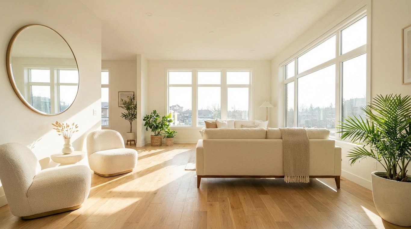 Miroir rond reflétant une fenêtre ensoleillée