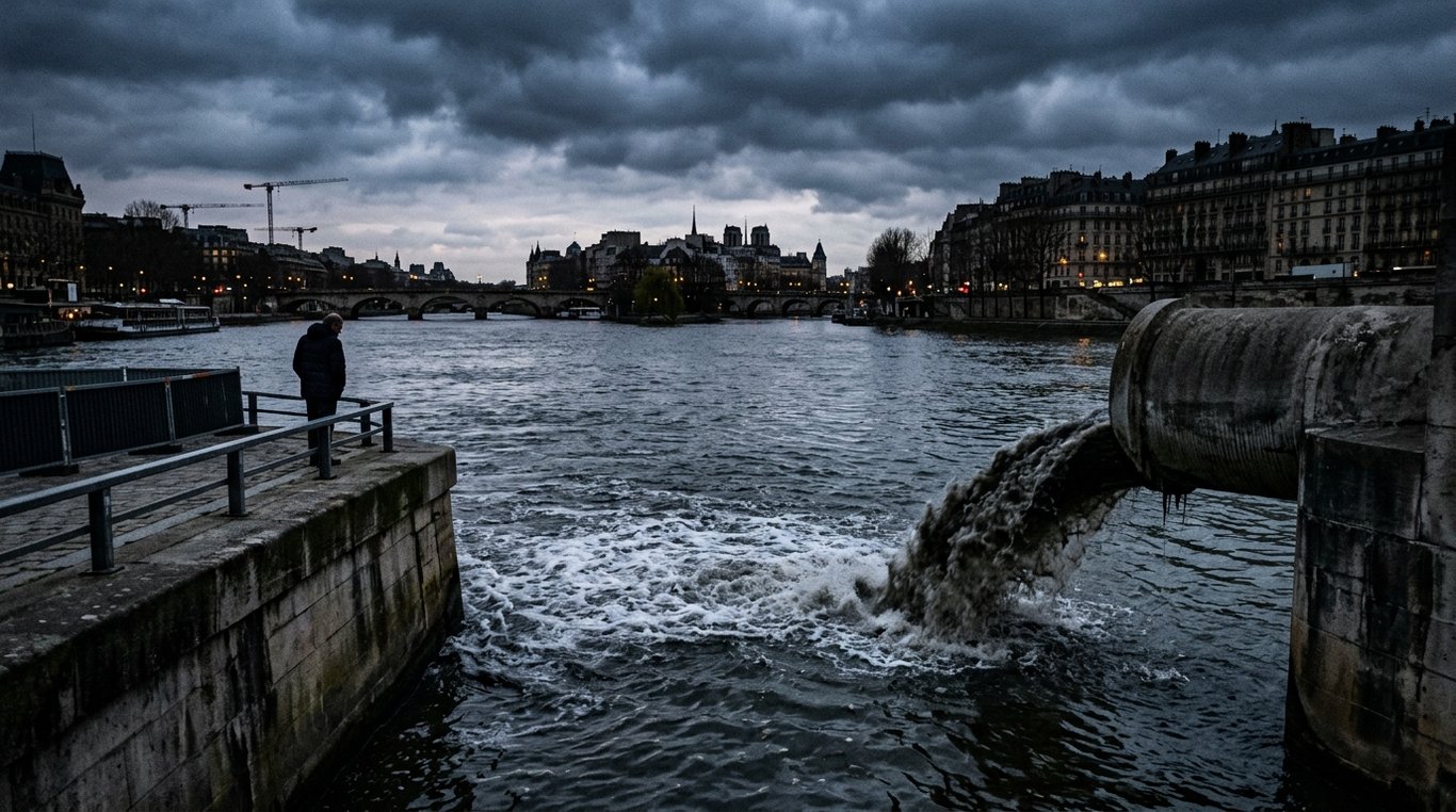Station d'épuration industrielle au crépuscule, photographie dramatique montrant une ambiance sombre et l'enjeu des eaux usées.