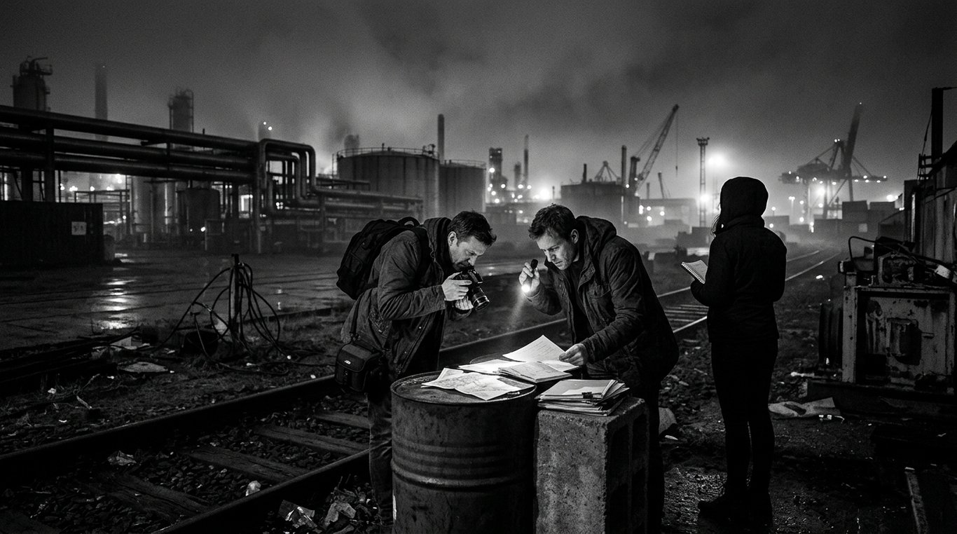 Photographie de reportage poignante, scène de terrain brute évoquant l'investigation