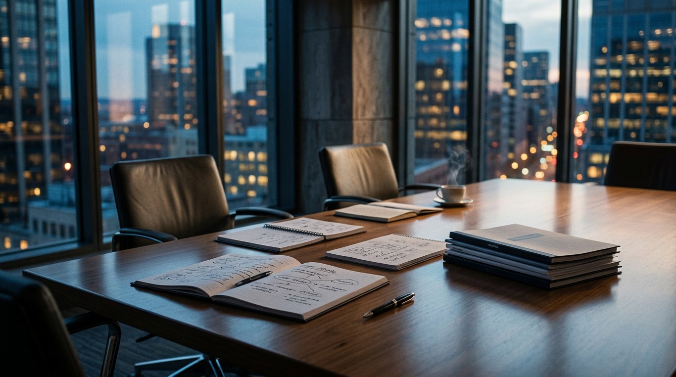 Équipe de cadres supérieurs analysant des données financières sur un écran numérique transparent dans une salle de conférence sombre et moderne