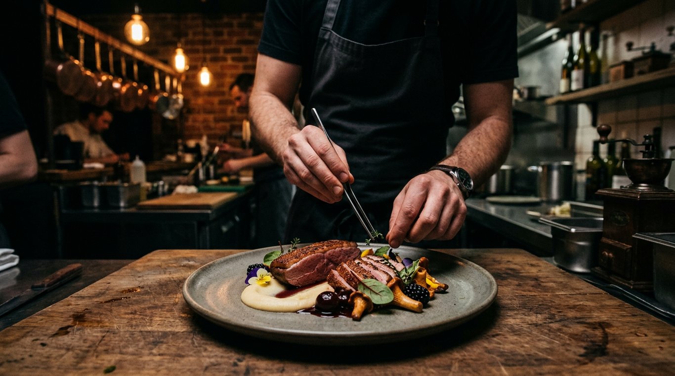 Gros plan d'une sauce versée sur un plat gastronomique, capturant le mouvement et la texture